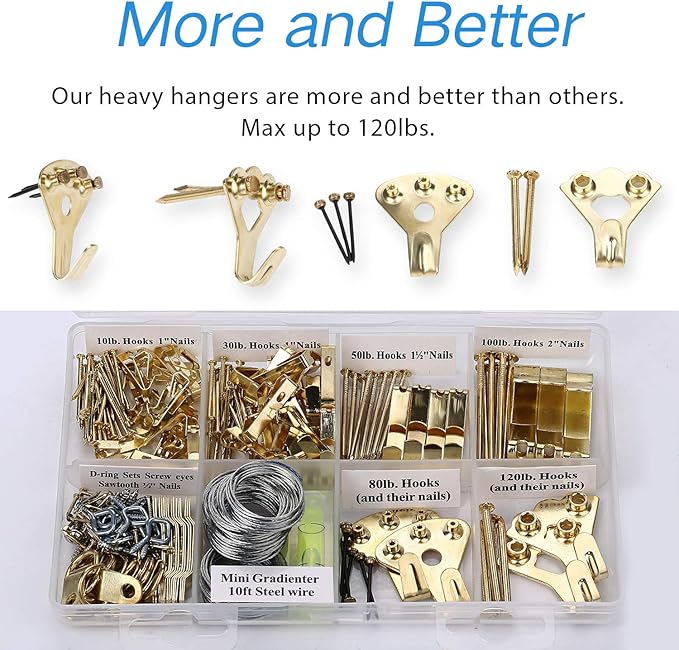 Picture Hangers, Picture Hanging Kit, 225pcs Heavy Duty Frame Hooks Hardware with Nails, Hanging Wire, Screw Eyes, D Ring and Sawtooth for Wall Mounting