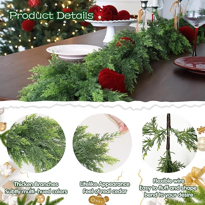 15FT Christmas Cedar Garland Artificial Realistic Green Faux Real Touch Winter Pine Garland for Mantle Fireplace Wall Table Indoor Outdoor Decoraiton