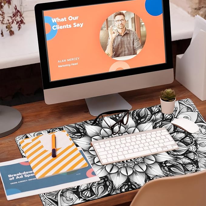 Large Gaming Mouse Pad for Desk, Black and White Mandala Desk Mat, Mandala Flower Desk Pad, 31.5"x15.7" Extended Big Computer Keyboard Mouse Pad with Non-Slip Base and Stitched Edge