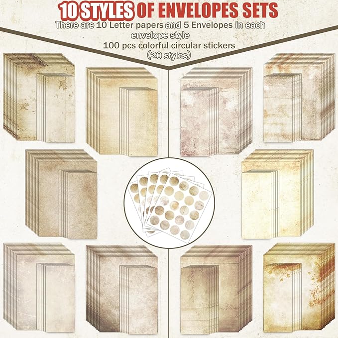 250Pcs Vintage Kraft Stationery Paper and Envelope Set with 100 Letterhead Papers and 50 Envelopes, 10 Design for Letter Writing Invitations Computer Holidays Party Notes, 8.5x11 Inch-Retro