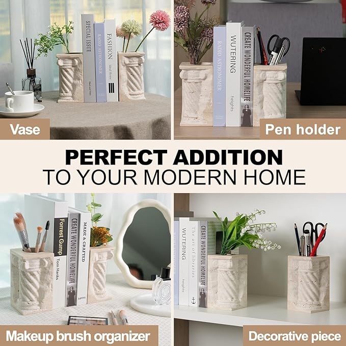 Roman Column Book Ends Decorative, 4-in-1 Heavy Duty Marble Bookend for Shelves, Unique Pen Holder & Mini Flower Vase, Classic Greek Statue for Office Home Desk Decor (2PC, Beige)