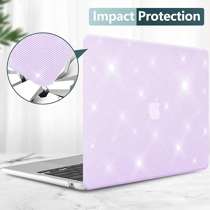 KEROM Bling Glitter Case for MacBook Air 13 inch 2022-2018 M1 A2337 A2179 A1932, Luxury Bedazzled Shiny Sparkle PU Leather Hard Shell & Keyboard Cover for Mac Air 13 M1, Purple Glitter
