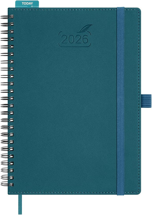 BEZEND 2026 Planner Weekly and Monthly (6" x 8.5" Spiral) Daily Calendar with Half-Hourly Timeslots & Tabs (Jan-Dec) Note & Expenses, Pen Holder, Inner Pocket, Vegan Leather Softcover - Dark Green