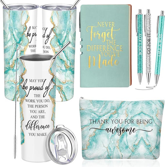 Domensi 6 Pcs Employee Appreciation Gift Set for Women Female Thank You Gift May You Be Proud 20 oz Rustic Marble Sign Tumbler Makeup Bag Journal for Teacher Nurse Lady Work Business(Green)