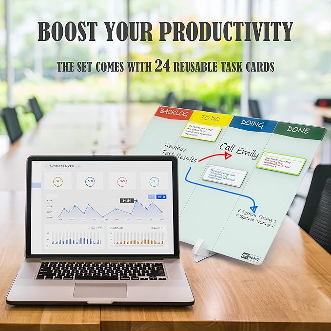 Double Sided Desktop WhiteBoard Kanban Set with Stand.18 x11,Dry Erase Glass Board, 24 Reusable Task Cards, 6 Markers, Accessories. Portable Project Management Planning Productivity WhiteBoard Kit