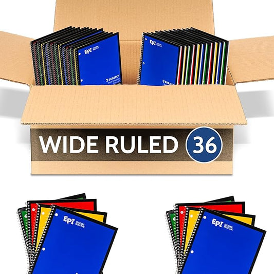 EPI Spiral Notebook | 3 Subject - Wide Ruled - 120 Sheets, Durable Spiral Binding | 10.5 x 8 in | Classroom Supplies | School, Office, Note Taking, Journaling - 36 Pack