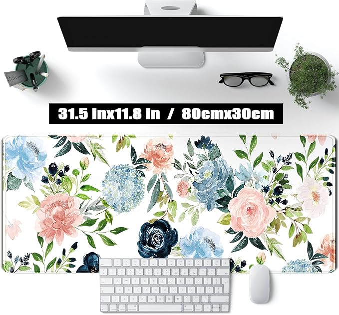 Gaming Green Desk Mat Desk Mouse Pads Purple Blue Pink Floral Mouse Pad Large, XL Big Computer Keyboard Mouse Mat Desk Pad Mat with Stitched Edge for Women Home Office Decor Deskmat 31.5x11.8 in
