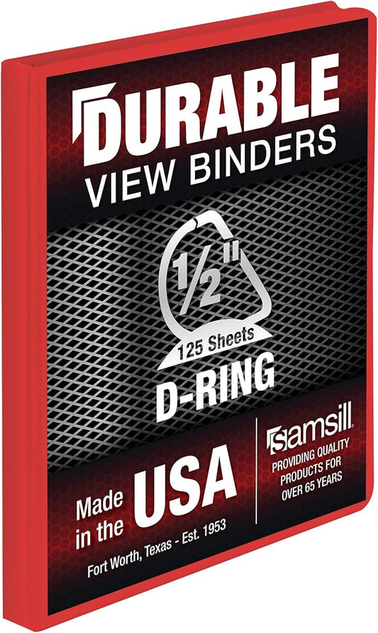 Samsill Durable 0.5 Inch Binder, Made in The USA, D Ring Binder, Customizable Clear View Cover, Ruby Red, Holds 125 Pages