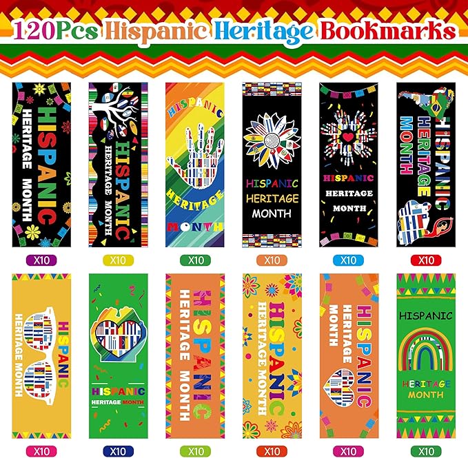 120 Pcs Hispanic Heritage Bookmarks – 12 Designs One-Sided Bookmarks for Hispanic Heritage Month Classroom Rewards Reading Gifts for Students Teachers Latino Decorations
