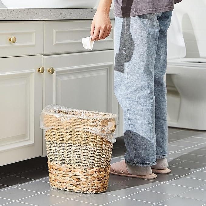 2 Pcs Wicker Trash Can with 50 Small Trash Bag Wicker Waste Woven Basket with Handles Clear Multi Use Garbage Bags for Bathroom Kitchen Bedroom