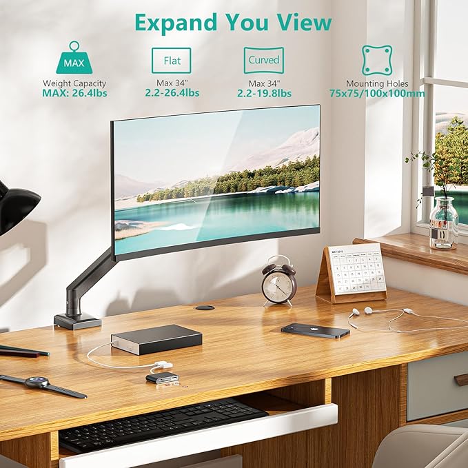 WALI Single Monitor Mount, Gas Spring Monitor Arm for 17-34 inch Screens, Adjustable Computer Monitors Stand up to 26.4lbs, with Clamp and Grommet Base, Mounting Holes 75 and 100mm (GSMP001N), Black