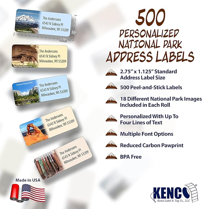 Customized Personalized Address Labels - Made in The USA by Kenco (500 Labels, National Parks)