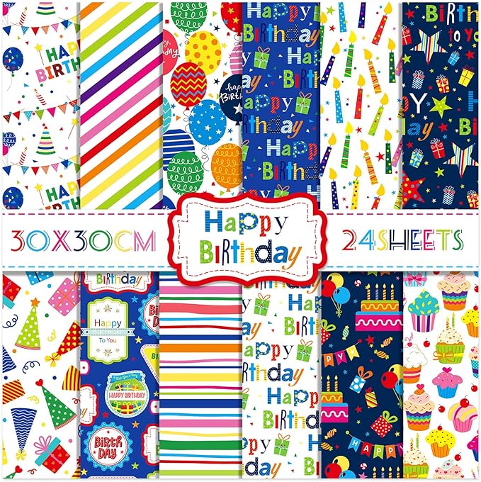 24 Sheets Happy Birthday Scrapbook Paper Pad,160gsm Textured Double-Sided Pattern Planner Junk Journal Craft Paper,Card Making Supplies,30×30cm
