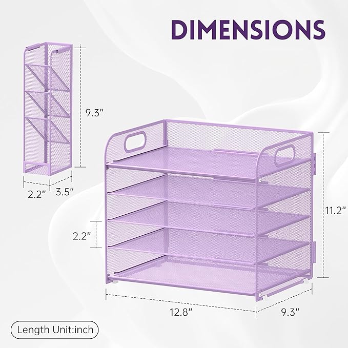 SUPEASY 5 Tier Desk Organizer with Handle & Removable Pen Holders, Mesh Paper/File Organizer for Desk, Paper Letter Tray Organizer for Office Supplies (Purple)