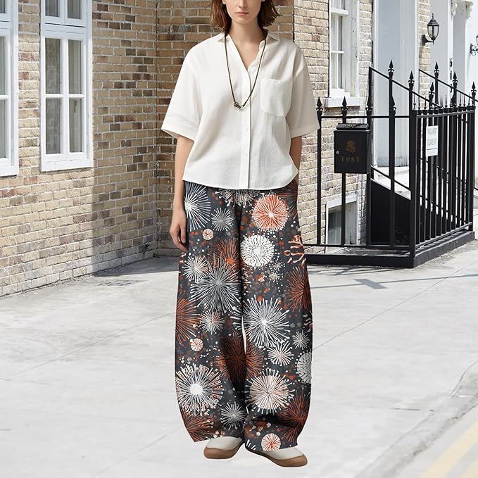 Zaswen Women's Oversize Loose Fit Breathable Pants Wide Leg Lounge Pants Fashion Casual Fireworks Print Trousers with Pockets
