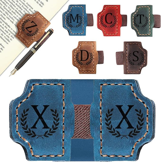 Bygone Mark Bookmark with Pen Holder, 26 Letters Name Initial Personalized Magnetic Bookmarks, Leather Book Mark for Men Women, Travelers Accessories, Teachers Readers Book Lovers Gifts (Blue, X)