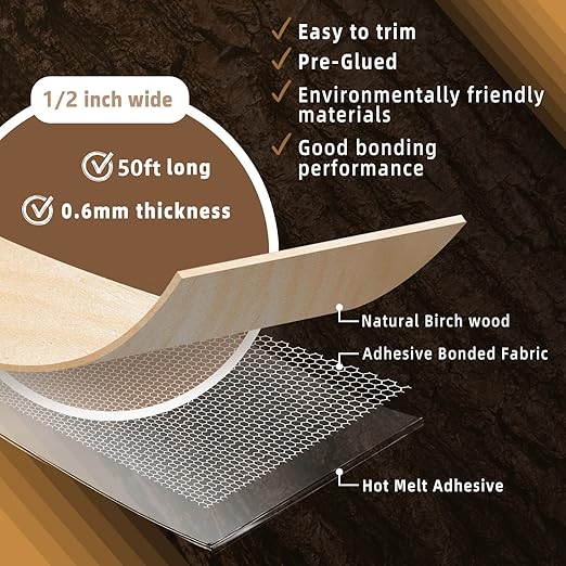 GSCIT Club Birch Edge Banding, 1/2 inch x 50ft roll of Veneer Edge Banding -Pre-glued Flexible, Real Wood Tape Banding for Cabinet Repair Furniture Restoration