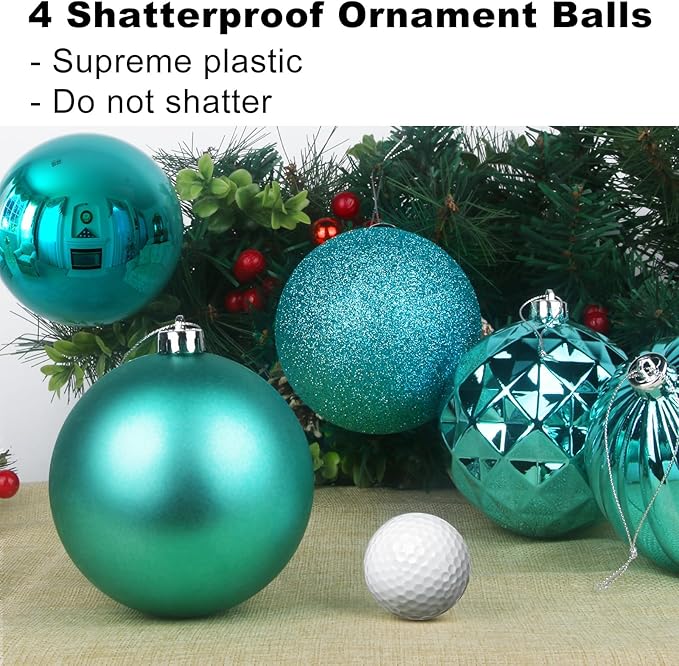 Teal Set of XL (4.0") 4PCS Christmas Balls - Christmas Tree Decoration Ornaments Shatterproof Hanging Balls for New Year Easter Valentine Holiday Decorations