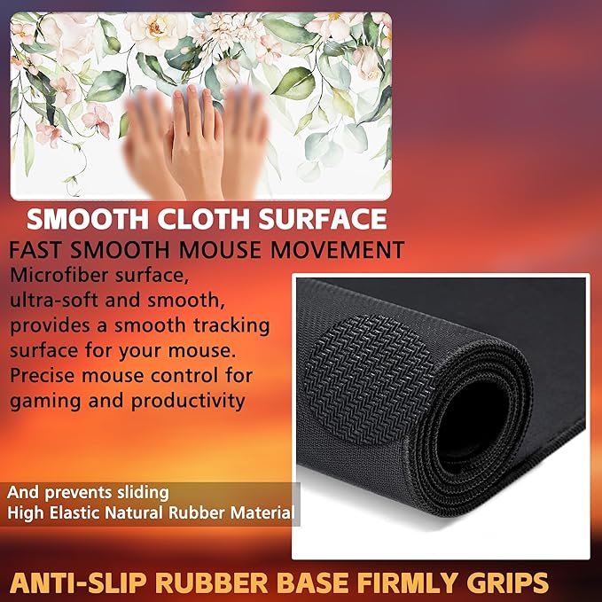 Desk Mat, Watercolor Pink Flowers Desk Pad, Green Leaves Flowers Large Gaming Mouse Pad for Desk, 31.5"x15.7" Extended Big Computer Keyboard Mouse Pad with Non-Slip Base and Stitched Edge