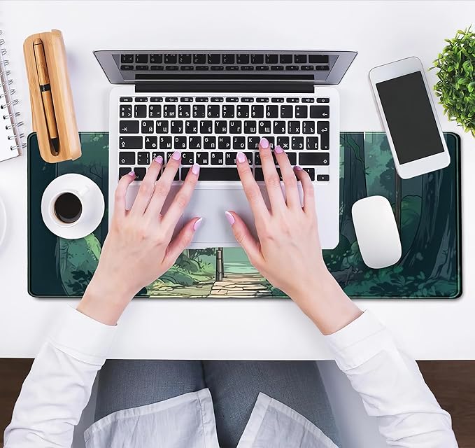Japanese Green Forest Gaming Mouse Pad Anime Tree Woodland Desk Mat XL Large, Cute Aesthetics Women Office Desk Decor Laptop Computer Keyboard and Mouse Mat with Stitched Edges Matt 31.5''x11.8''