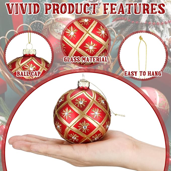 6 Pcs 3.15 Inch Glass Luxury Christmas Ball Red and Gold Ball Ornaments Glass Christmas Tree Decorations Luxury Hanging Ornaments for Xmas Tree Party Holiday Decor