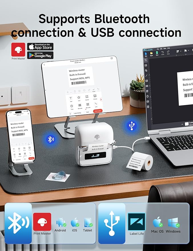 Phomemo M250 Label Maker Machine with Tape, 3 Inch Thermal Label Maker, 2025 Upgrade Portable Barcode Printer for Business, Home, Logo Label, Sticker Printer for Phones & PC, with 1 Roll Label