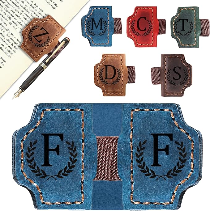 Bygone Mark Bookmark with Pen Holder, 26 Letters Name Initial Personalized Magnetic Bookmarks, Leather Book Mark for Men Women, Travelers Accessories, Teachers Readers Book Lovers Gifts (Blue, F)