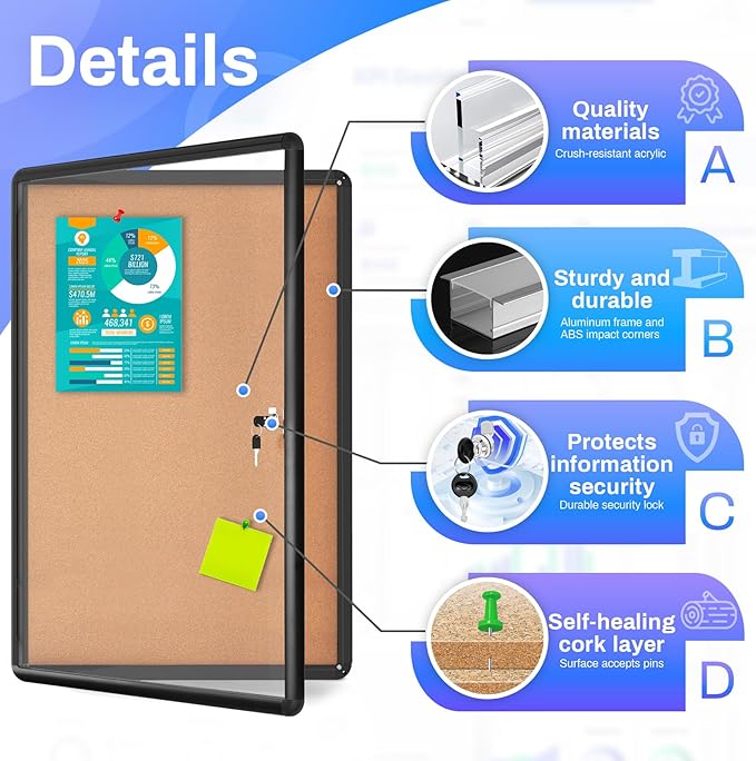 Magula 36"x24" Enclosed Cork Bulletin Board Tamper-Proof Dispaly Case, Black Aluminium Frame, Shatter Resistant Lockable Bulletin Board, Enclosed Cork Board for School, Office,Commercial,Hospital etc