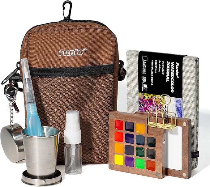 Funto Mini Watercolor Paint Set, All-In-One Walnut Wood 15-Color Premium Pocket Travel Paint Kit, with Crossbody Bag,Watercolor Journal, Metal Clip, Paint Water Cup, Water Brush Ideal for Art Lovers