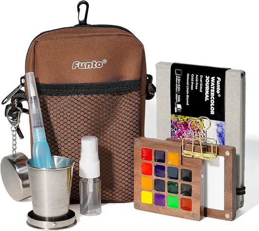 Funto Mini Watercolor Paint Set, All-In-One Walnut Wood 15-Color Premium Pocket Travel Paint Kit, with Crossbody Bag,Watercolor Journal, Metal Clip, Paint Water Cup, Water Brush Ideal for Art Lovers