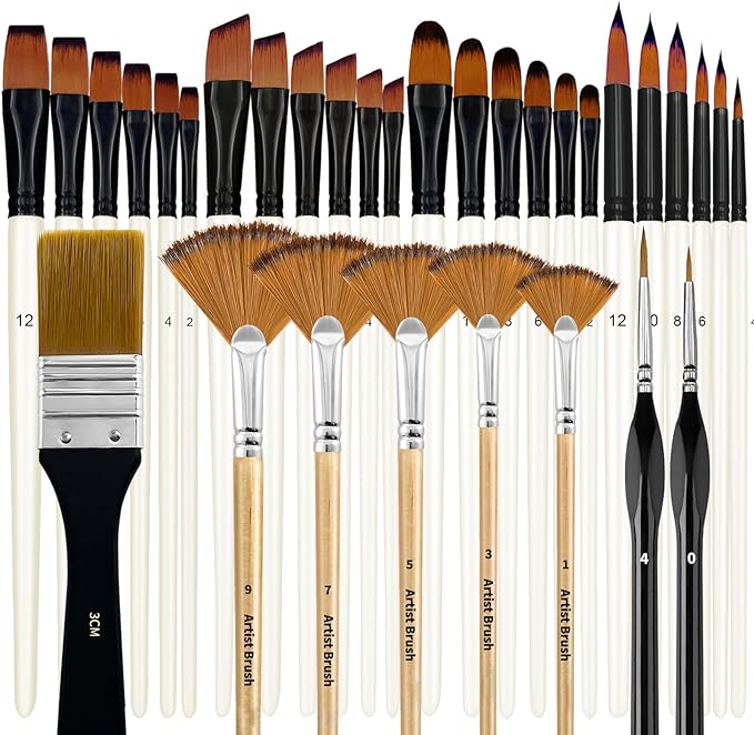 Bougimal 32 Pcs Paint Brushes for Acrylic Painting, Premium Nylon Bristles with Round, Filbert, Flat, Fan, Angle, Fine Detail Brush, Paint Brush Set for Acrylic, Oil, Watercolor