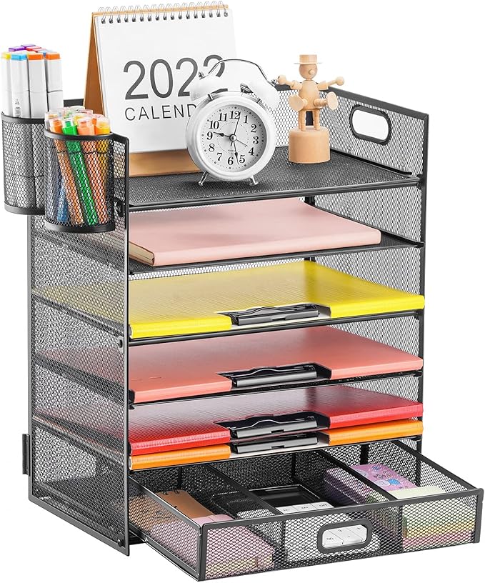 Lavatino 6-Tier Paper Organizer Letter Tray with Drawer - Mesh Desk File Paper office Supplies Sorter Organizer for Office, Home or School File Folder Holder - Black