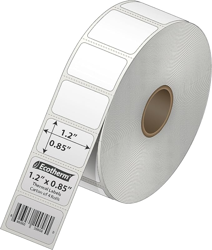 1.2" x .85" Thermal Labels | 4 Rolls | 8800 Labels | fits Zebra, Godex, Arkscan, iDPRT, Offnova Thermal Label Printers and More | Blank White Adhesive Stickers by Ecotherm