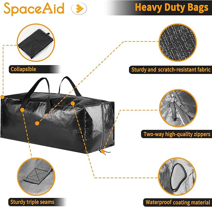 SpaceAid Heavy Duty Moving Bags 8 Pack, Large Storage Totes Bins with Backpack Straps, Strong Handles & Zippers, Packing Moving Boxes Supplies, College Dorm Room Essentials, Black