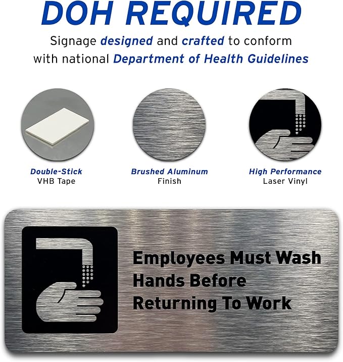 Employees Must Wash Hands Before Returning to Work Sign - Includes Adhesive Strips - Bathroom Sign, Bathroom Signs for Business, Restroom Signs for Business - 7"W x 3"H (Brushed Aluminum) - Made in USA