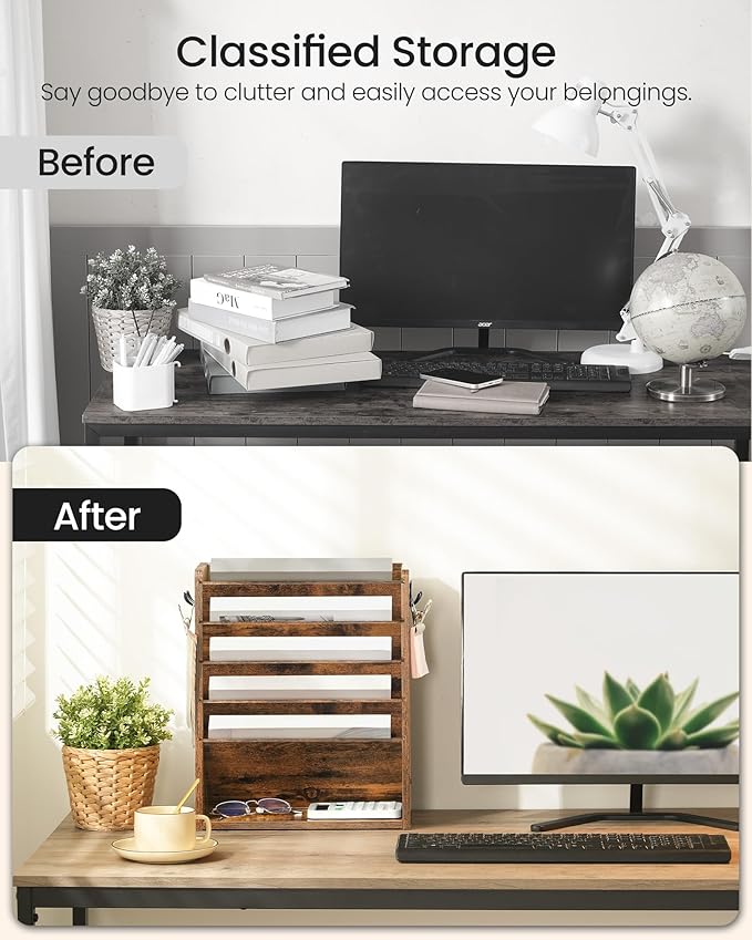 Wall File Organizer, 6-Tier Vertical Mount Hanging Holder with 2 Side Hooks, Vintage Wooden Magazine Storage Crate with Bottom Flat Tray, Desk Organizer, for Office, Home, Rustic Brown MWJ01FG