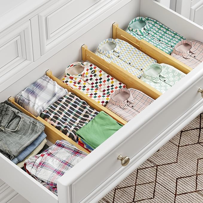 BAMEOS 4 pcs 3" High Bamboo Drawer Dividers Adjustable Drawer Organizer Expandable Drawer Organization Utensil Organizers for Kitchen Dresser Bathroom Bedroom and Office