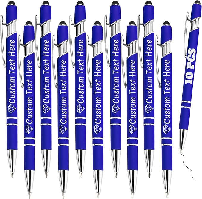 Personalized Pens Bulk 10 with Name Custom Engraving Ballpoint Pens with Stylus Tip Customized Smooth Writing Pens Personalized Gifts for Anniversary Birthday or Graduation(Blue,Black Ink)