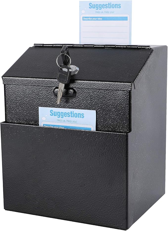 xydled Suggestion Box with Lock Wall Mountable Metal Donation/Ballot/Voting/Collection/Key Drop Box with 50 Free Suggestion Cards 7.1"x 5.7"x 8.1" Black