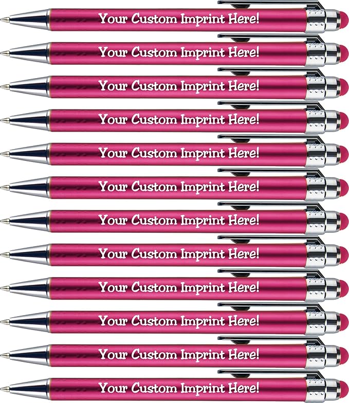 Personalized Pens with Stylus Tip -Bright Vibes- Click action - Custom - Black writing - Printed Name pens - Imprinted with Your Logo or Message - FREE PERSONALIZATION - 12 Pens/Box (Pink)
