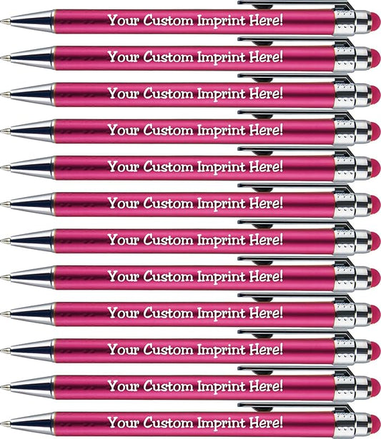 Personalized Pens with Stylus Tip -Bright Vibes- Click action - Custom - Black writing - Printed Name pens - Imprinted with Your Logo or Message - FREE PERSONALIZATION - 12 Pens/Box (Pink)