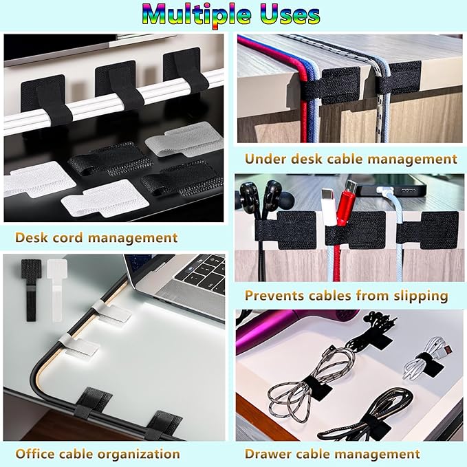 Desk Cable Management, Wire Organizers for Cords - Grey and White 48 PCS Sticky Back Self Adhesive Cable Ties, Hook and Loop Straps for Home or Office Use