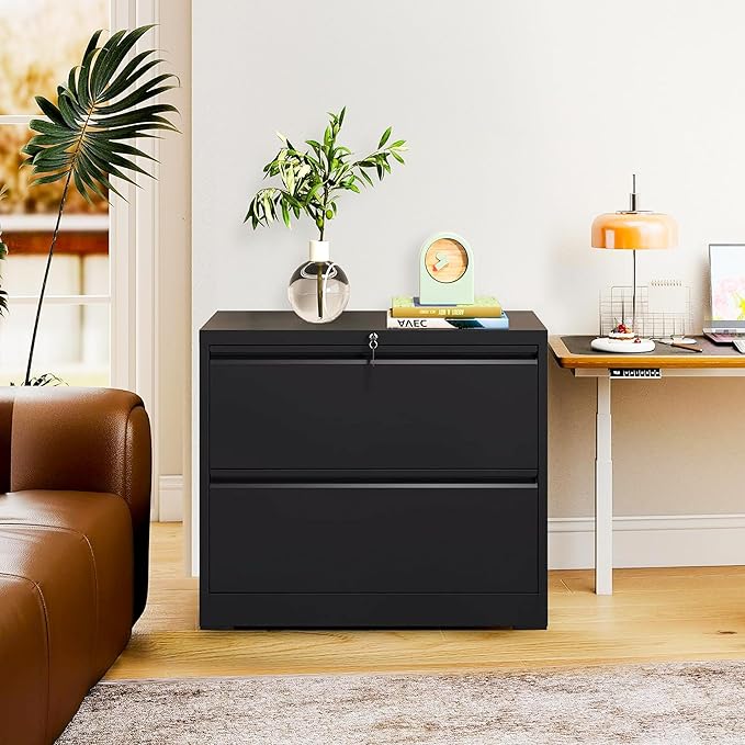 2-Drawer Lateral File Cabinet with Lock, Black Metal Filing Cabinet for Office or Home – Secure Storage for Letter/Legal/A4/F4 Documents, Easy to Assemble Locking File Organizer (Black, 2 Drawer-26"W)