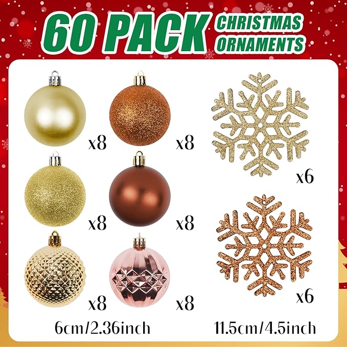 Christmas Tree Decorations Ornament Set, 60ct 2.36 Inches Bronze and Gold Shatterproof Christmas Ball Ornaments, Hanging Ball for Xmas Holiday Wedding Party Decor