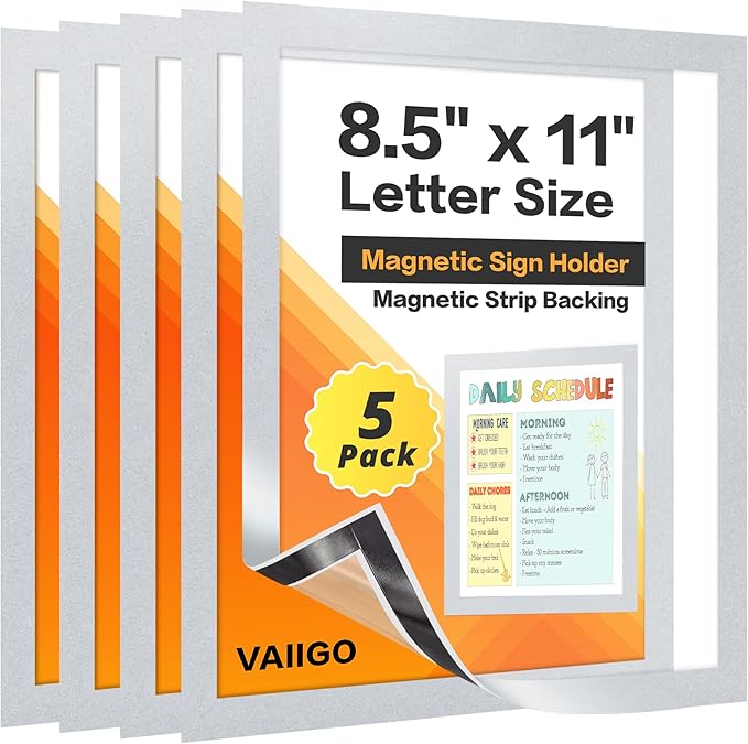 5Packs Magnetic Frames for Refrigerator - 8.5x11 Magnetic Sign Holder with Metal Surface - File/Paper/Document Holder & Photos/Picture/Poster Frame for Home/Office (Silver)