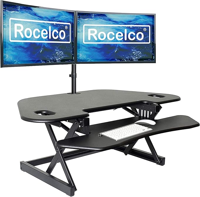Rocelco 46" Height Adjustable Corner Standing Desk Converter with Dual Monitor Arm Bundle - Quick Sit Stand Up Computer Workstation Riser - Extra Large Keyboard Tray - Black (R CADRB-46-DM2)
