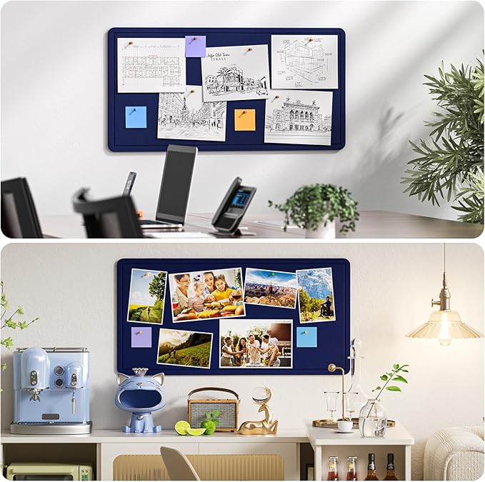 MaxGear Bulletin Board 35" x 17.5", Foldable Felt Board Vision Board Supplies, Cork Board for Office, Home, School, Small Pin Boards for Walls Decorative Picture Framed Display Board Dark Blue