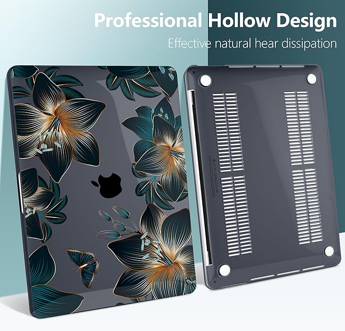 TWOLSKOO Compatible with MacBook Pro 13 inch Case 2023-2016 A2338 M2/M1 A2251 A2289 A2159 A1989 A1706, Plastic Hard Shell Cover & Keyboard Skin & Screen Protector - Golden Lilies