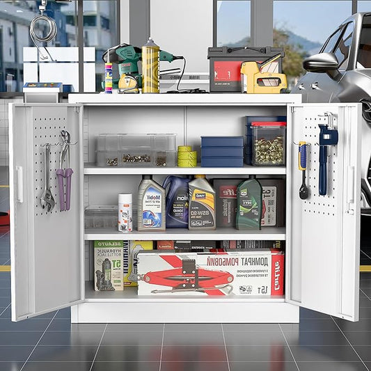 Aobabo 31.5" H Small Garage Storage Cabinet with Pegboard,Lockable File Storage Cabinet with 2 Adjustable Shelves for Garage, Office, School, Assembly Require, White