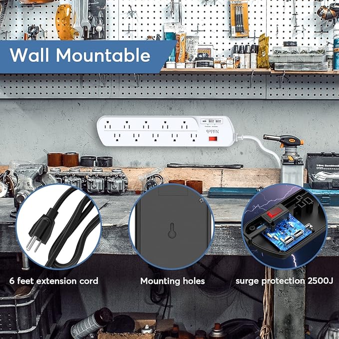 Long Power Strip, Multi Plug Outlet Extender Nikleb with 10 Outlets, Heavy Duty Extension Cord with 2 USB+1 Type C Ports, USB Plug Adapter Surge Protector for House, Garage, Patio, Basement